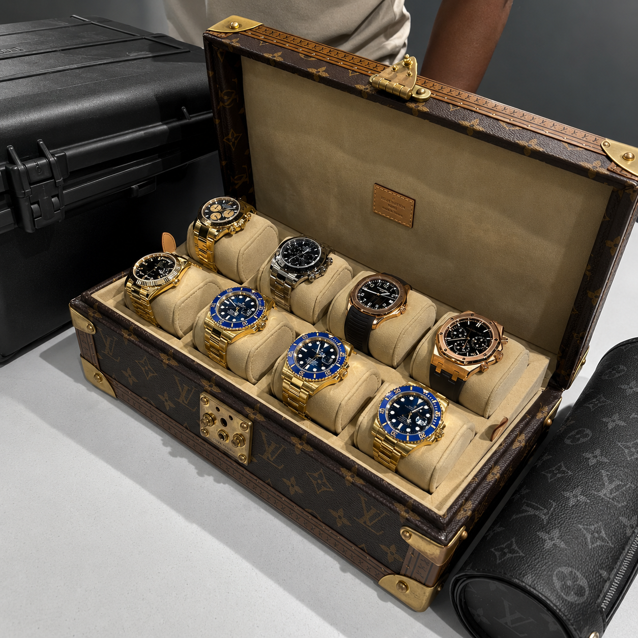 A Louis Vuitton watch case displaying a collection of 1:1 Superclone luxury timepieces