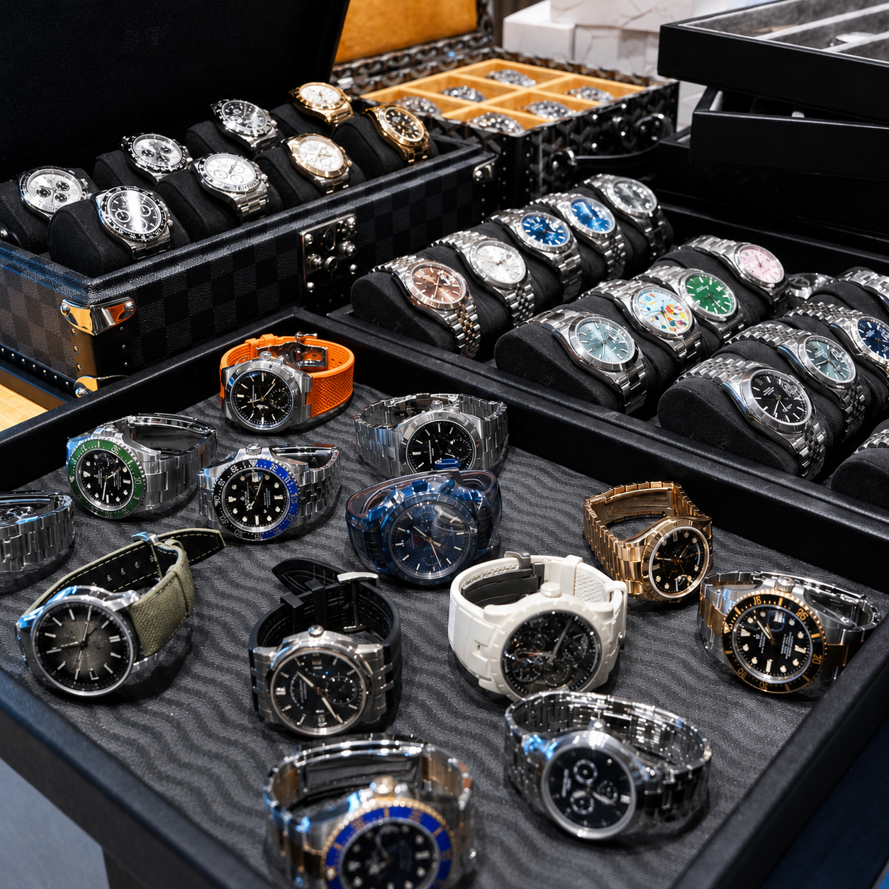 A curated spread of AAA+ luxury replica watches laid out across display trays