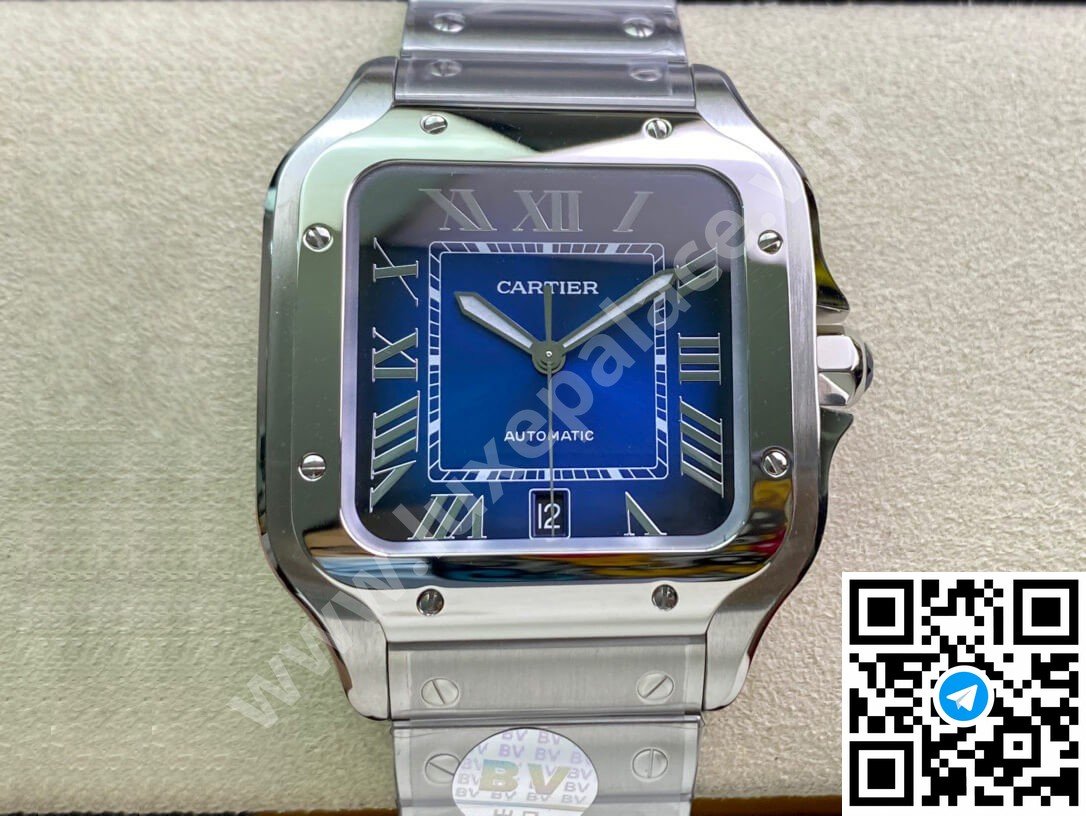 Cartier Santos Blue Dial Stainless Steel 40mm Large Inc. Extra Leather Strap Ref. WSSA0071