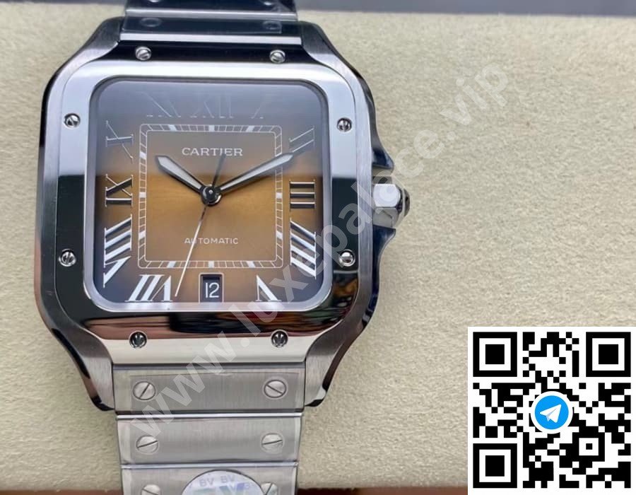 Cartier Santos Brown Dial Stainless Steel 40mm Large Inc. Extra Leather Strap Ref. WSSA0064